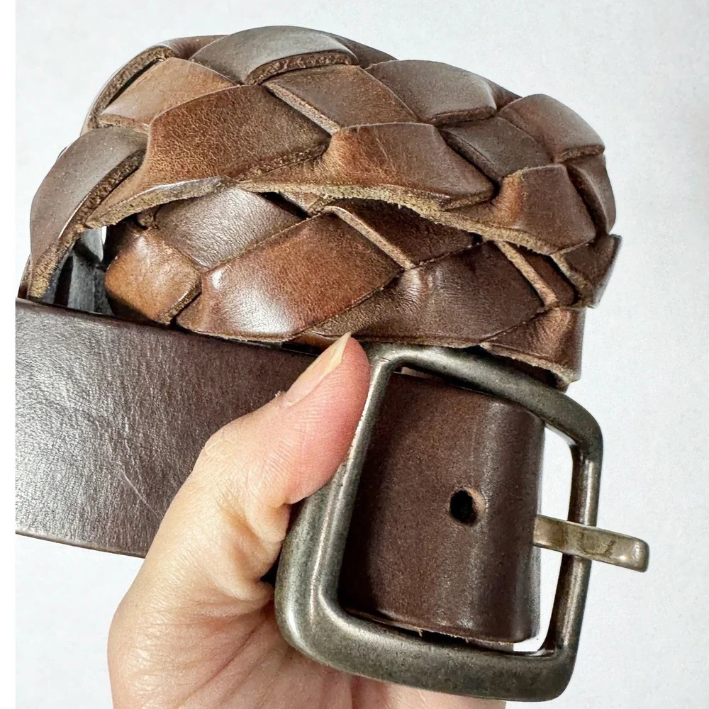 Y2K Abercrombie Fitch Mens Belt Wide Brown Braided Woven Leather Silver Buckle
